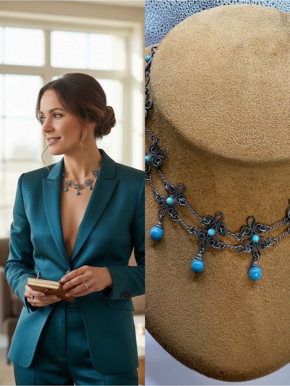 Vintage Turquoise Dangle Bib Necklace Boho Southwestern Silver Tone